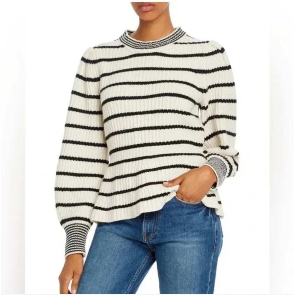 Rebecca Taylor La Vie Peplum Stripe Sweater in Cream & Black‎